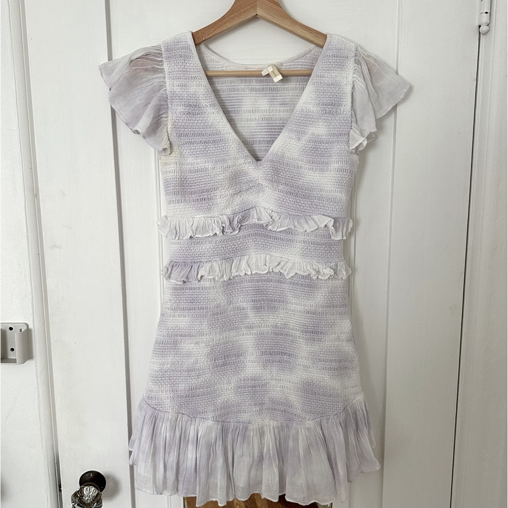 LOVESHACKFANCY SONARA SMOCKED MINI DRESS LAVENDER TIE DYE COTTON SIZE PETITE